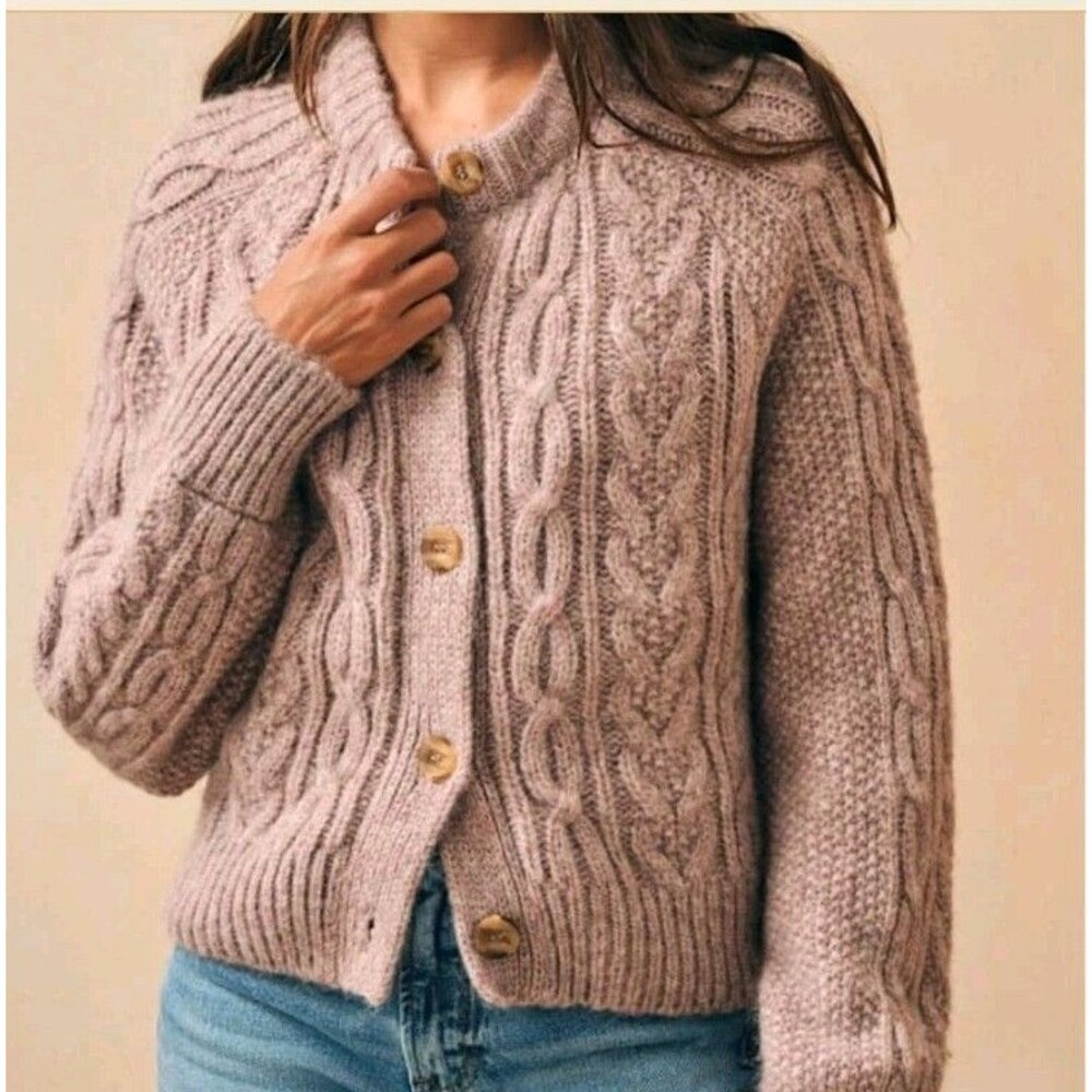 Faherty Frost Crop Cardigan Womens M/S*Pink Gray Alpaca Cable Knit Chunky*Shrunk